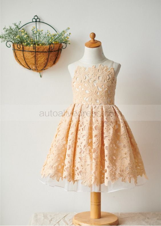 Illusion Neck Peach Lace Organza Knee Length Flower Girl Dress Illusion Neck Peach Lace Organza Knee Length Flower Girl Dress